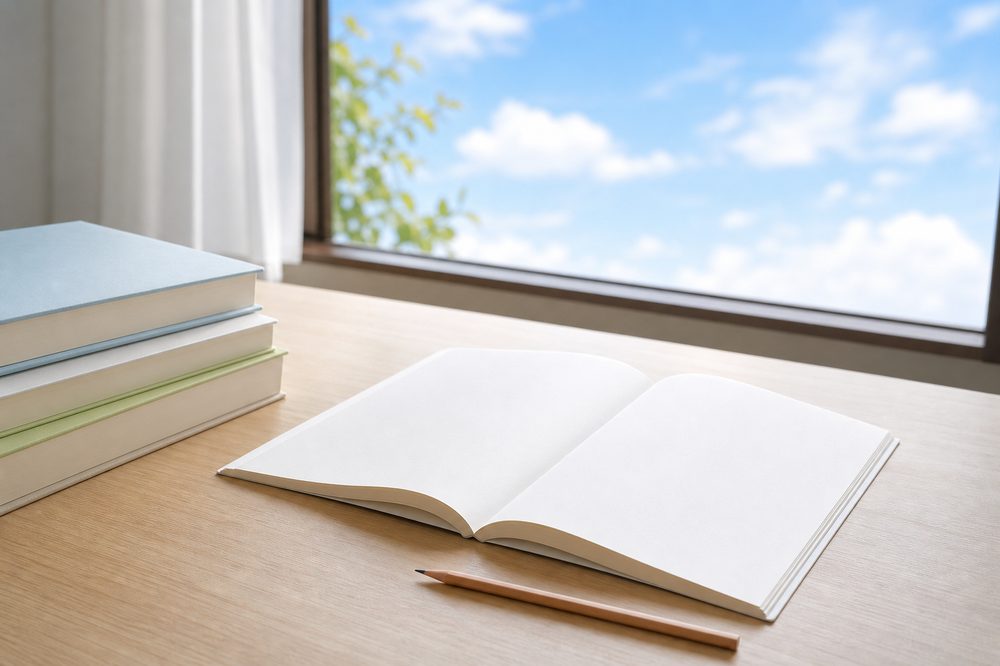 真新しい教科書とノートと夏の青空