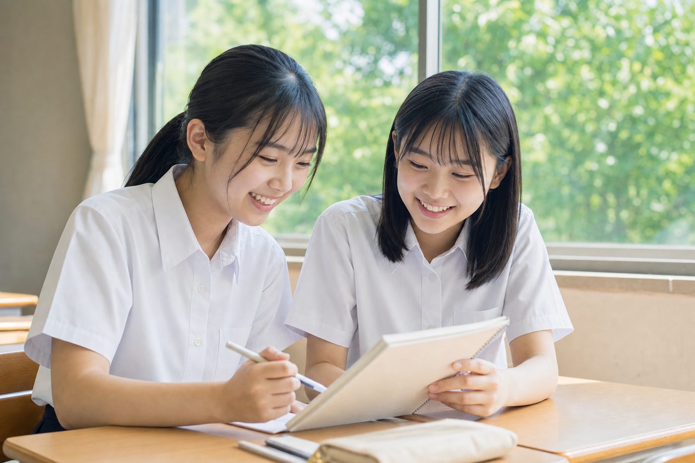 ノートを見ながら笑い合う女子生徒2人